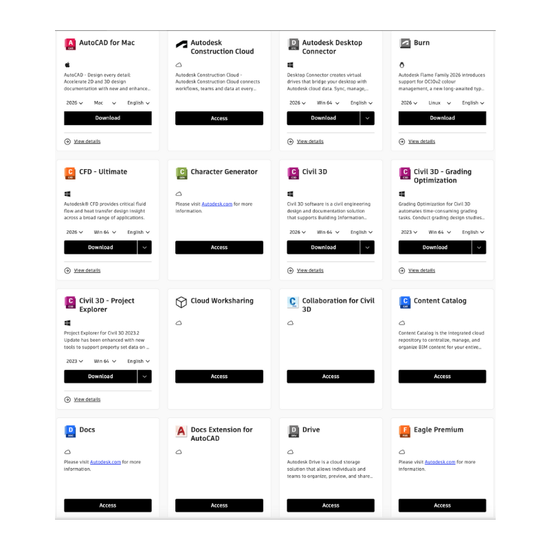 Autodesk account portal listing apps including AutoCAD for Mac and Civil 3D