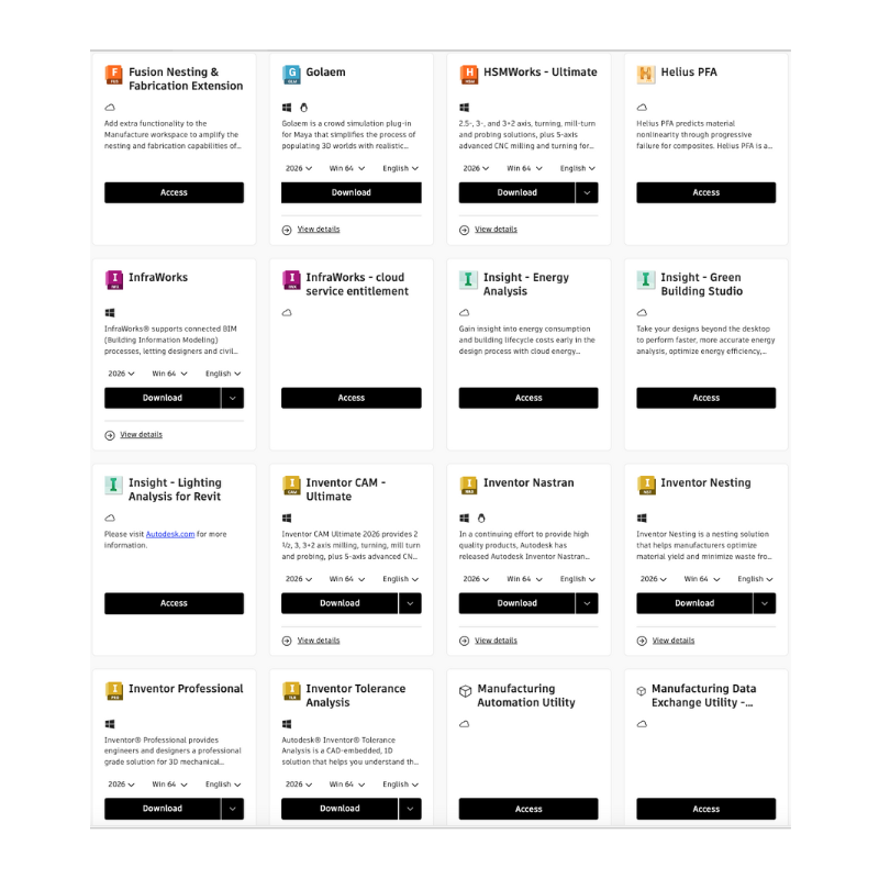Autodesk account portal listing apps including InfraWorks and Inventor