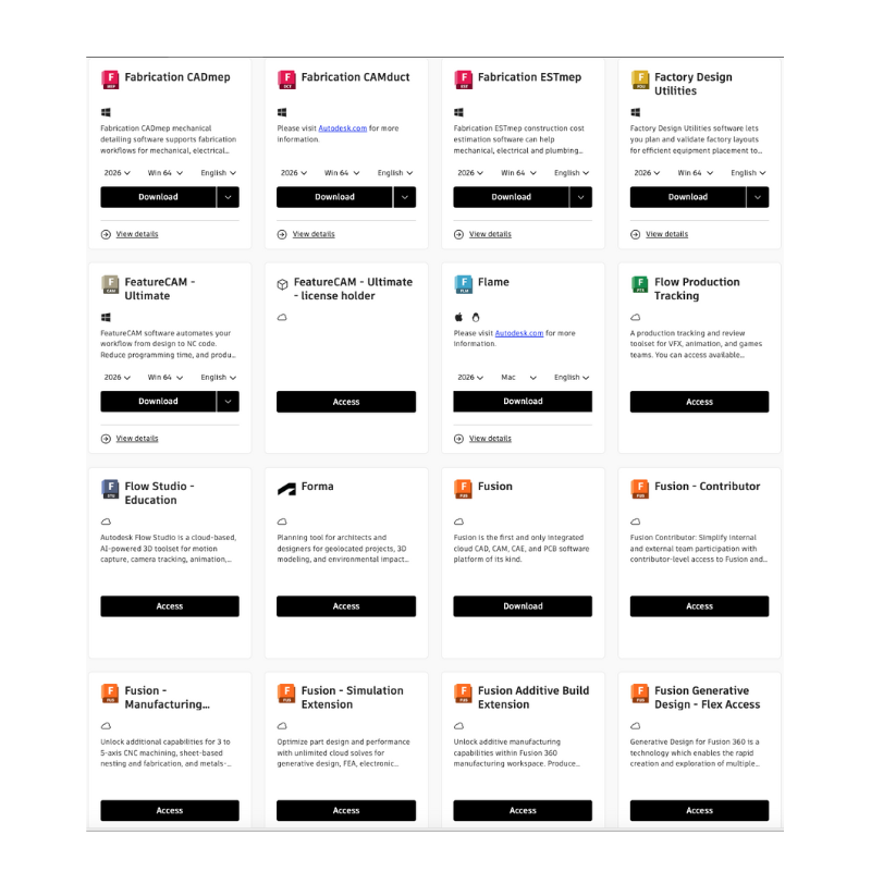 Autodesk account portal listing apps including Fabrication and Fusion