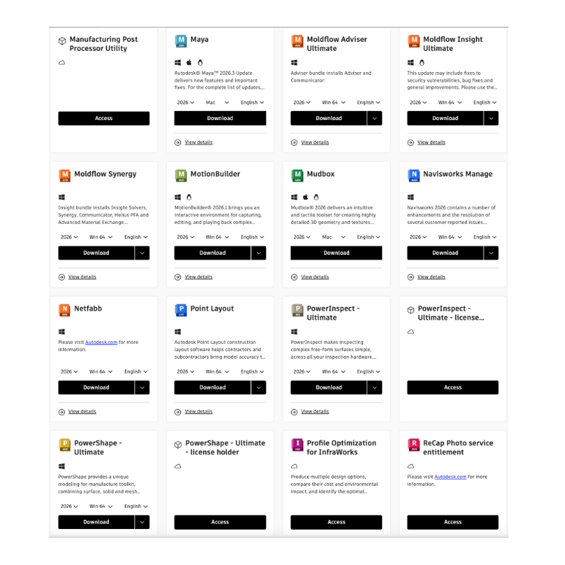 Autodesk account portal listing apps including Maya and Navisworks