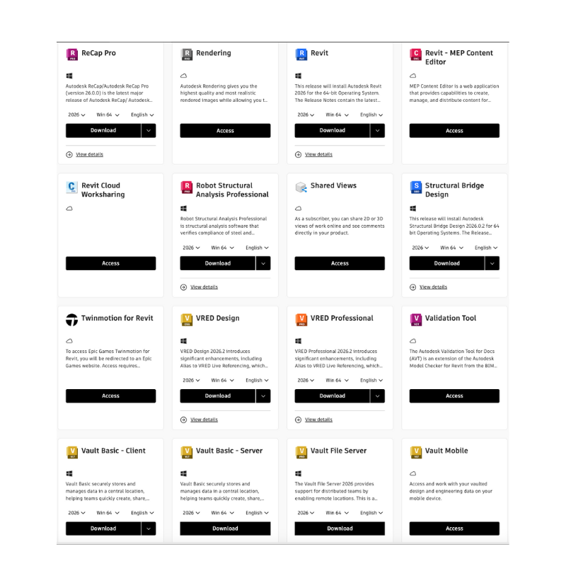 Autodesk account portal listing apps including Revit and ReCap Pro