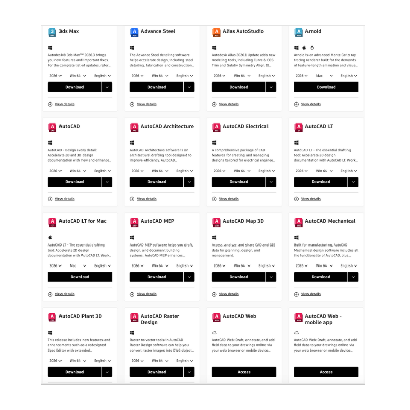 Autodesk account portal listing apps including 3ds Max and AutoCAD