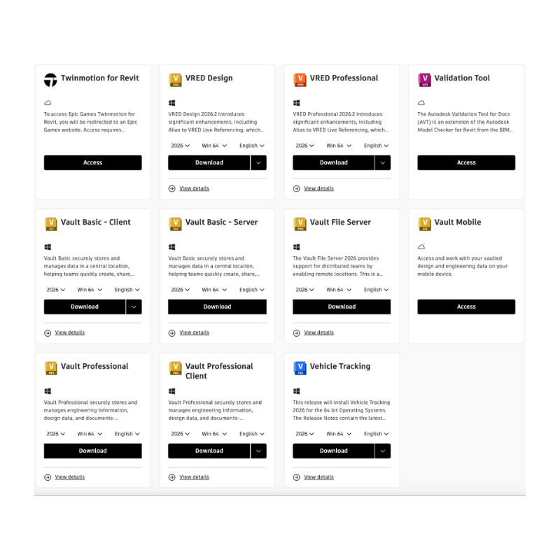 Autodesk account portal listing downloadable apps including VRED and Vault