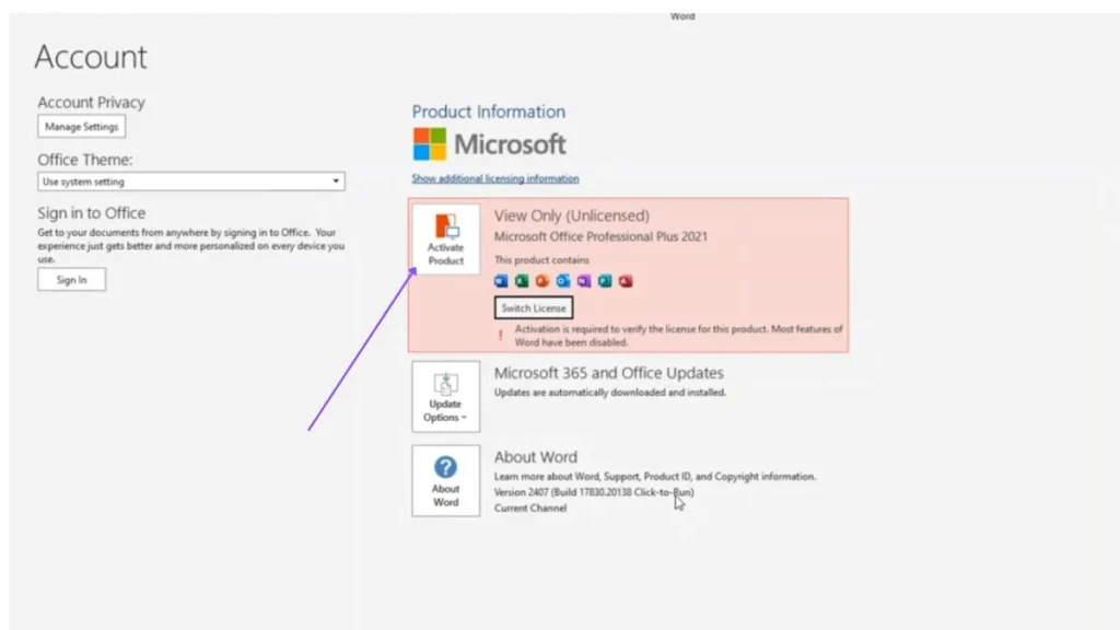 Office Account page with an arrow pointing to the Activate Product button