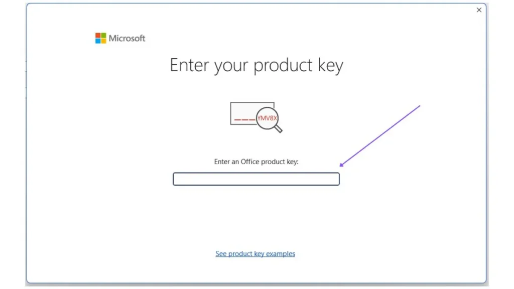 Microsoft activation dialog with an arrow pointing to the product key entry field