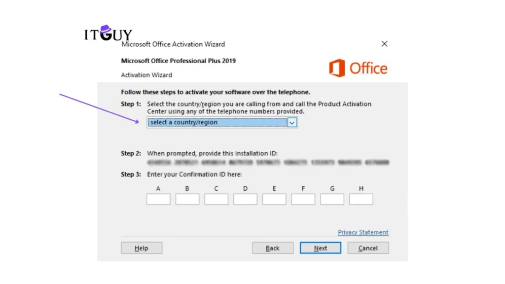 Microsoft Office Activation Wizard select country or region step