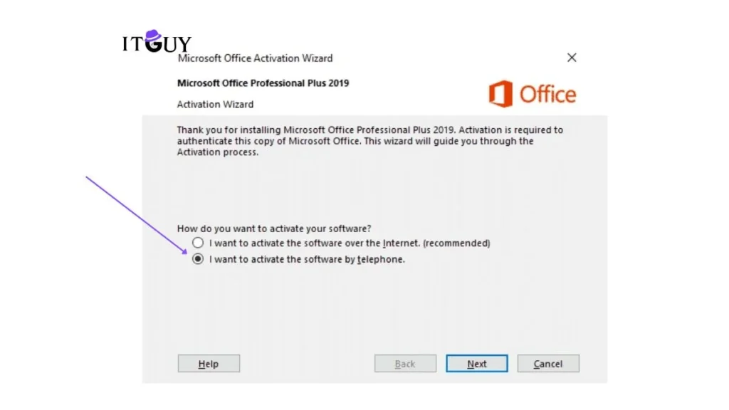 Microsoft Office Activation Wizard selecting telephone activation option
